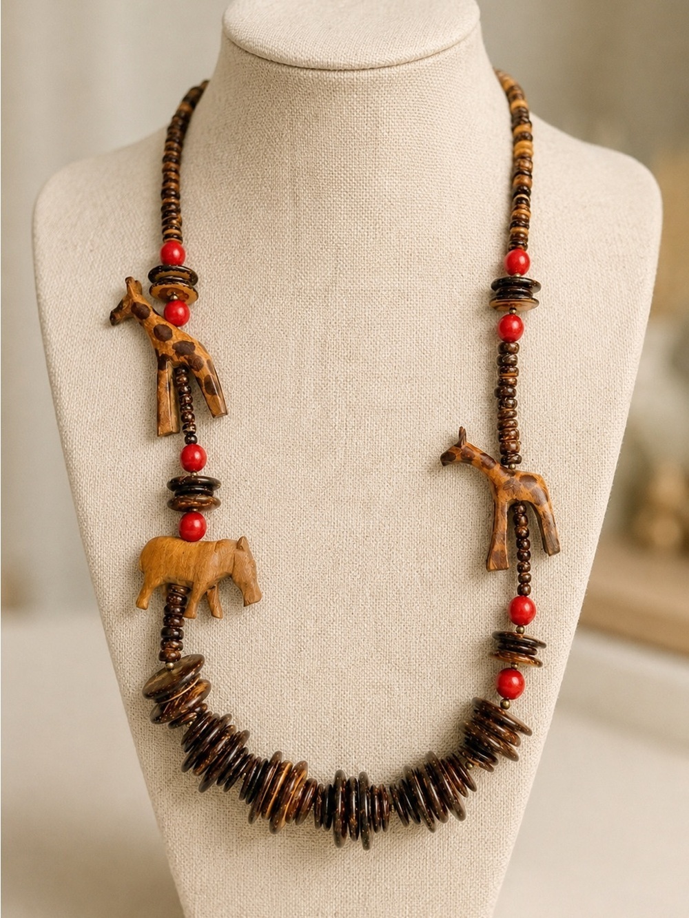 Vintage Carved Wood Safari Animal Necklace Giraffe Rhino Boho Statement